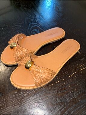 Steve Madden Tan Braided Slide Sandals with Gold Detail